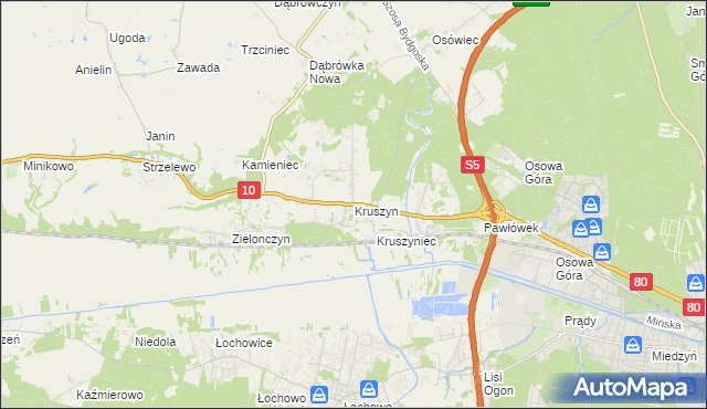 mapa Kruszyn gmina Sicienko, Kruszyn gmina Sicienko na mapie Targeo