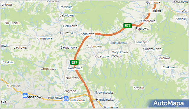 mapa Krzeczów gmina Lubień, Krzeczów gmina Lubień na mapie Targeo