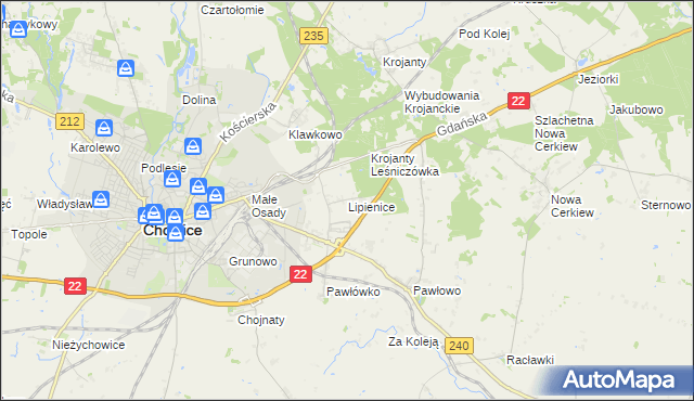 mapa Lipienice gmina Chojnice, Lipienice gmina Chojnice na mapie Targeo