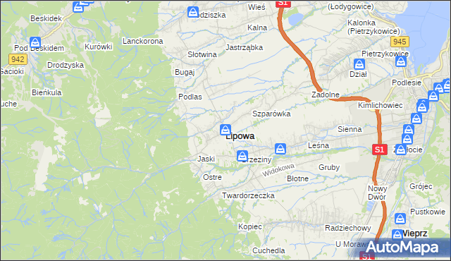 mapa Lipowa powiat żywiecki, Lipowa powiat żywiecki na mapie Targeo