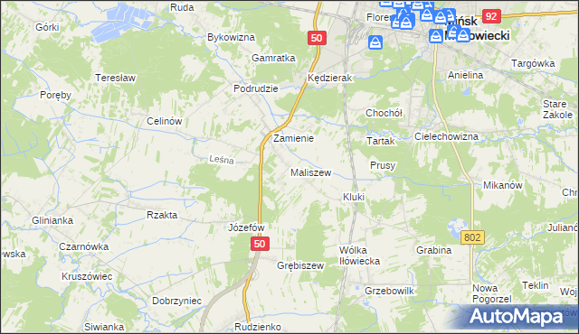 mapa Maliszew gmina Mińsk Mazowiecki, Maliszew gmina Mińsk Mazowiecki na mapie Targeo