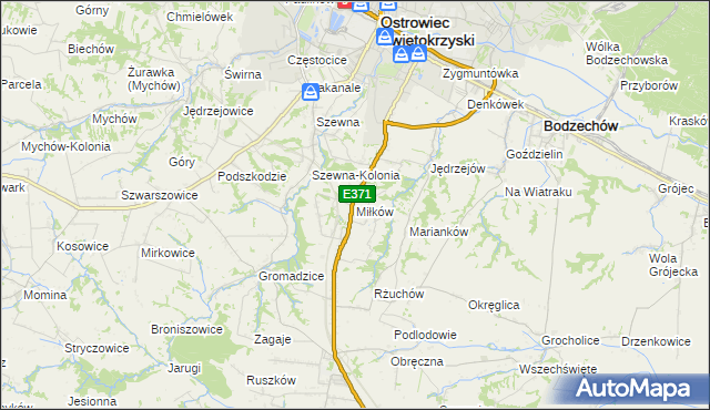 mapa Miłków gmina Bodzechów, Miłków gmina Bodzechów na mapie Targeo