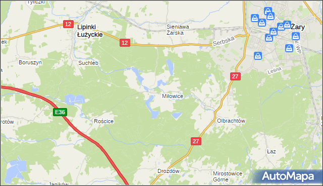 mapa Miłowice gmina Żary, Miłowice gmina Żary na mapie Targeo