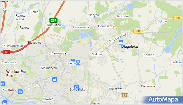 mapa Mirków gmina Długołęka, Mirków gmina Długołęka na mapie Targeo