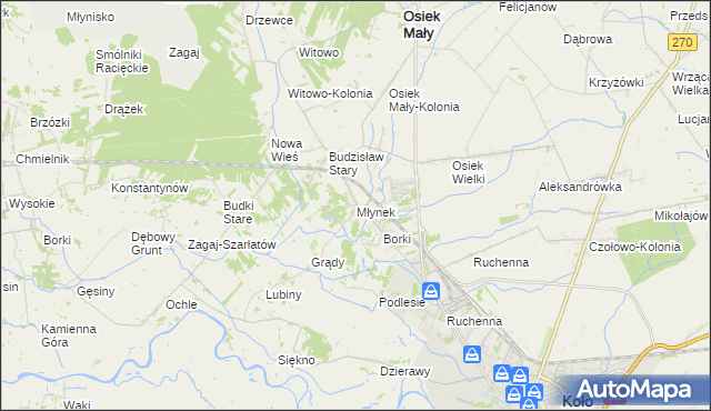 mapa Młynek gmina Osiek Mały, Młynek gmina Osiek Mały na mapie Targeo