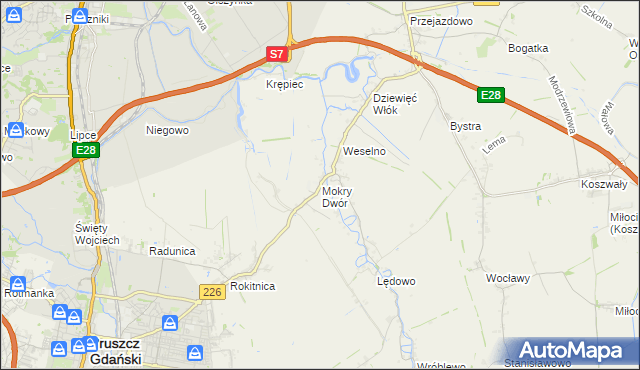 mapa Mokry Dwór gmina Pruszcz Gdański, Mokry Dwór gmina Pruszcz Gdański na mapie Targeo