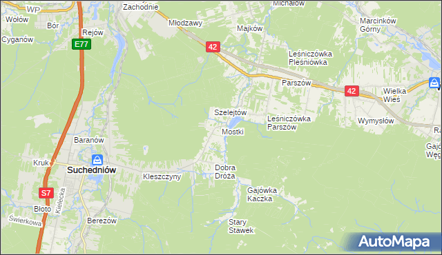 mapa Mostki gmina Suchedniów, Mostki gmina Suchedniów na mapie Targeo