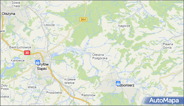 mapa Oleszna Podgórska, Oleszna Podgórska na mapie Targeo