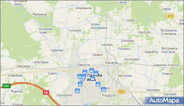 mapa Opiesin gmina Zduńska Wola, Opiesin gmina Zduńska Wola na mapie Targeo