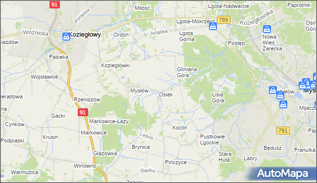 mapa Osiek gmina Koziegłowy, Osiek gmina Koziegłowy na mapie Targeo