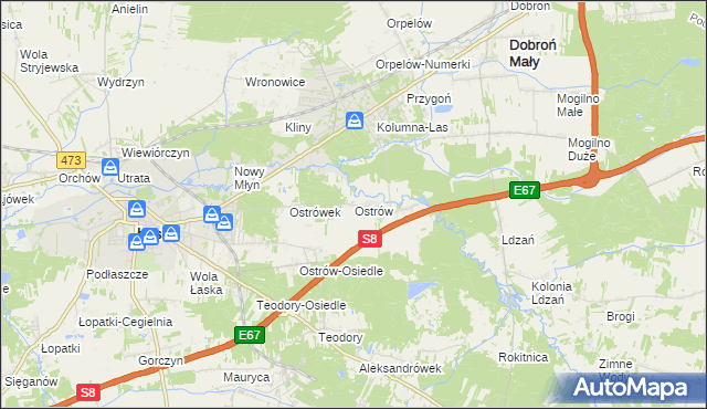 mapa Ostrów gmina Łask, Ostrów gmina Łask na mapie Targeo