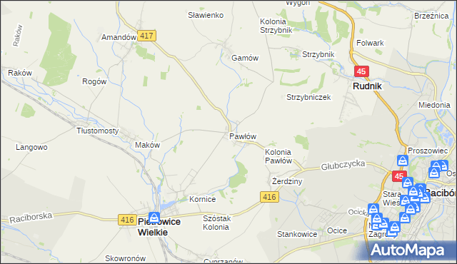 mapa Pawłów gmina Pietrowice Wielkie, Pawłów gmina Pietrowice Wielkie na mapie Targeo