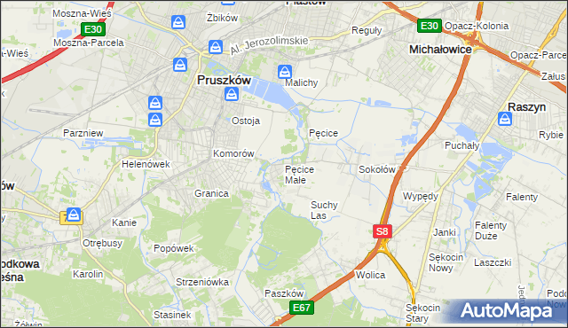 mapa Pęcice Małe, Pęcice Małe na mapie Targeo