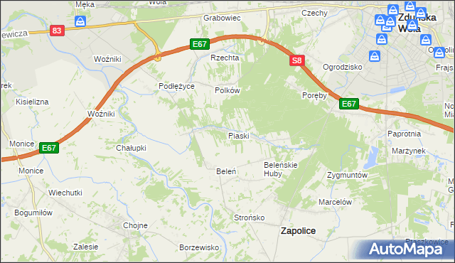 mapa Piaski gmina Zduńska Wola, Piaski gmina Zduńska Wola na mapie Targeo