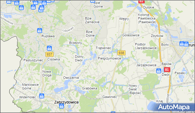 mapa Pielgrzymowice gmina Pawłowice, Pielgrzymowice gmina Pawłowice na mapie Targeo