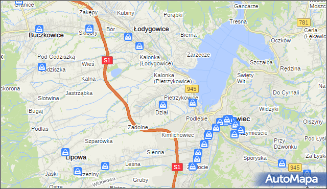 mapa Pietrzykowice gmina Łodygowice, Pietrzykowice gmina Łodygowice na mapie Targeo