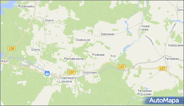 mapa Podbiele gmina Sulęcin, Podbiele gmina Sulęcin na mapie Targeo