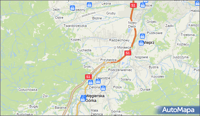 mapa Przybędza, Przybędza na mapie Targeo