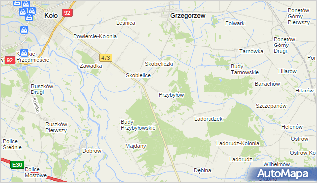 mapa Przybyłów gmina Koło, Przybyłów gmina Koło na mapie Targeo