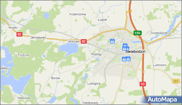 mapa Rozłogi gmina Świebodzin, Rozłogi gmina Świebodzin na mapie Targeo