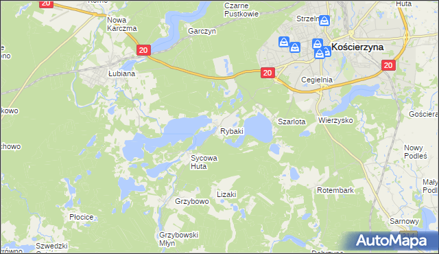 mapa Rybaki gmina Kościerzyna, Rybaki gmina Kościerzyna na mapie Targeo