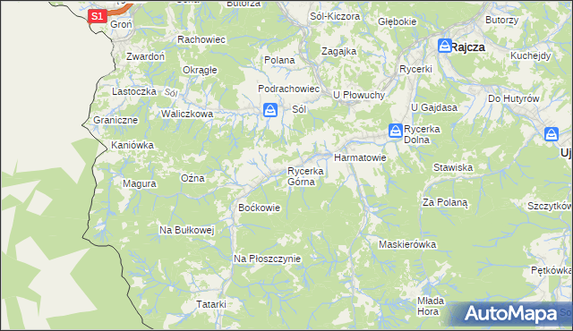 mapa Rycerka Górna, Rycerka Górna na mapie Targeo