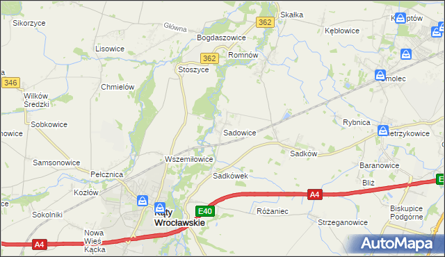 mapa Sadowice gmina Kąty Wrocławskie, Sadowice gmina Kąty Wrocławskie na mapie Targeo