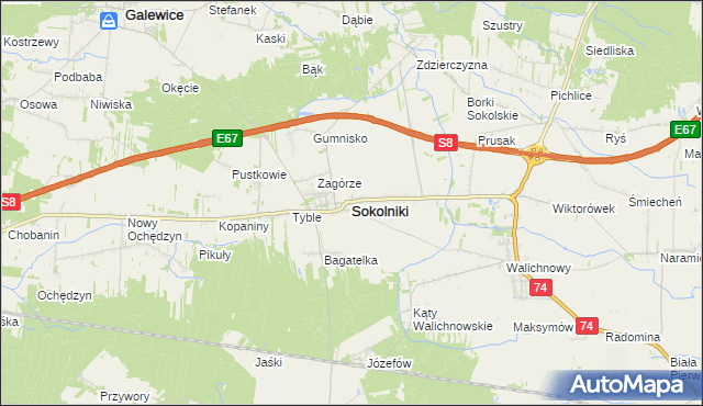 mapa Sokolniki powiat wieruszowski, Sokolniki powiat wieruszowski na mapie Targeo