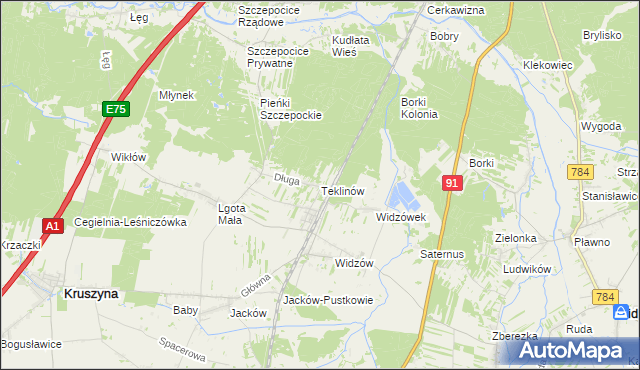 mapa Teklinów gmina Kruszyna, Teklinów gmina Kruszyna na mapie Targeo