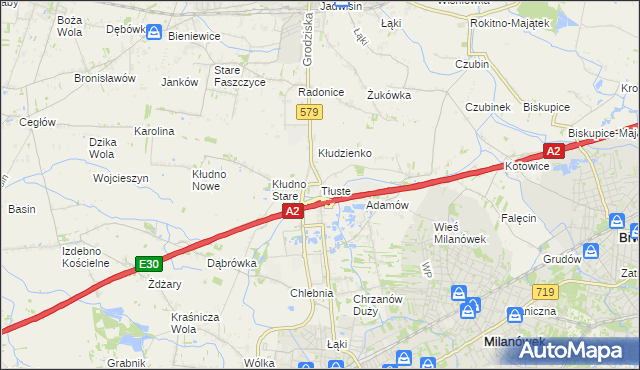 mapa Tłuste gmina Grodzisk Mazowiecki, Tłuste gmina Grodzisk Mazowiecki na mapie Targeo