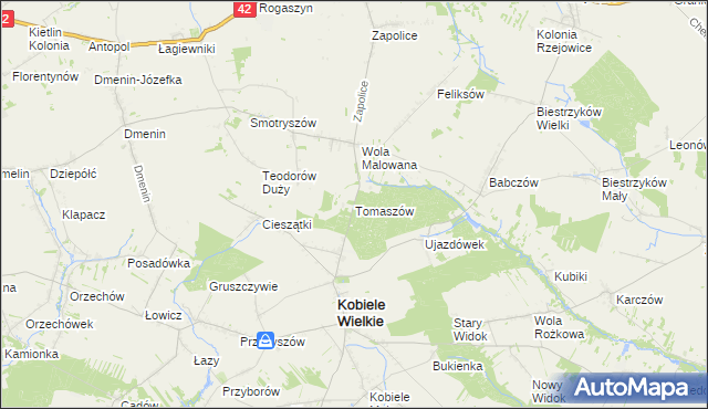 mapa Tomaszów gmina Kobiele Wielkie, Tomaszów gmina Kobiele Wielkie na mapie Targeo