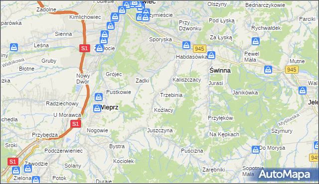 mapa Trzebinia gmina Świnna, Trzebinia gmina Świnna na mapie Targeo