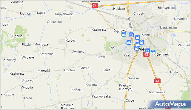 mapa Turów gmina Wieluń, Turów gmina Wieluń na mapie Targeo