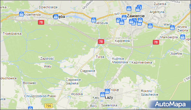 mapa Turza gmina Łazy, Turza gmina Łazy na mapie Targeo