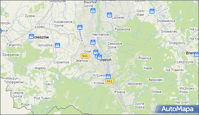 mapa Ustroń powiat cieszyński, Ustroń powiat cieszyński na mapie Targeo