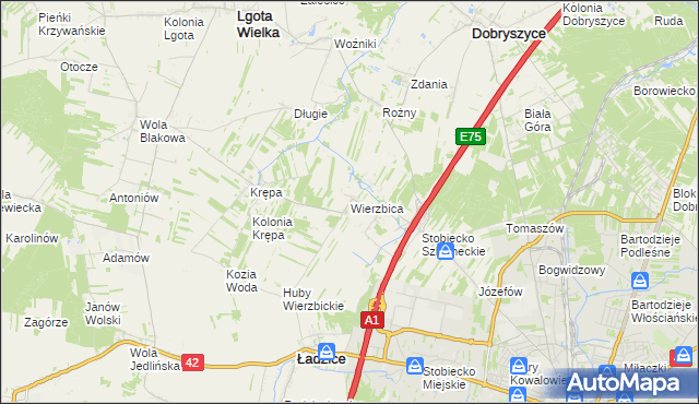 mapa Wierzbica gmina Ładzice, Wierzbica gmina Ładzice na mapie Targeo