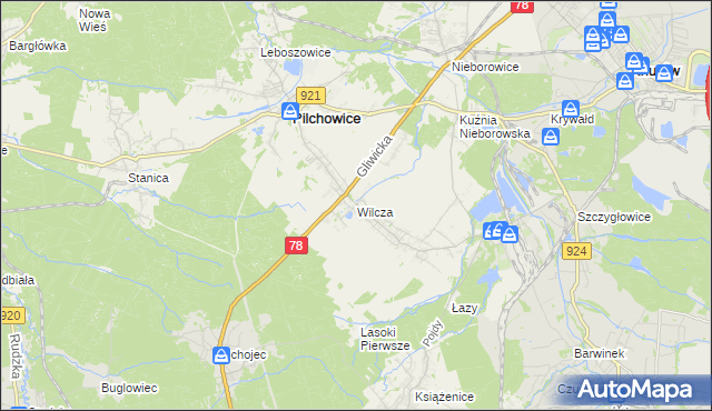 mapa Wilcza gmina Pilchowice, Wilcza gmina Pilchowice na mapie Targeo