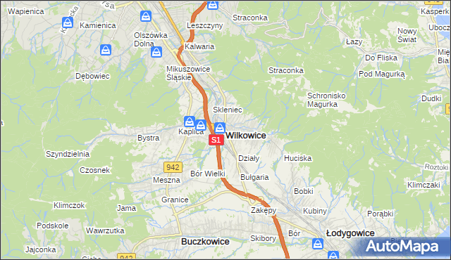 mapa Wilkowice powiat bielski, Wilkowice powiat bielski na mapie Targeo