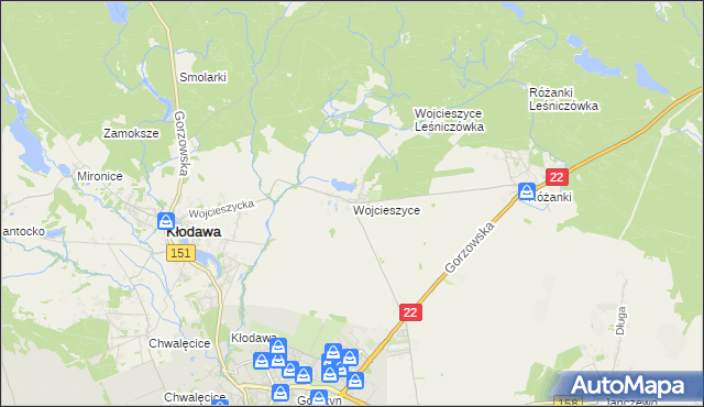 mapa Wojcieszyce gmina Kłodawa, Wojcieszyce gmina Kłodawa na mapie Targeo