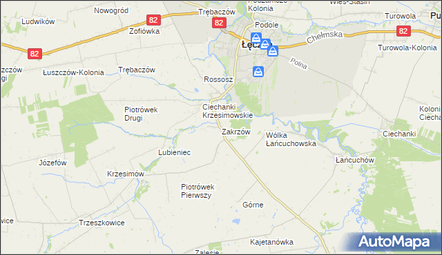 mapa Zakrzów gmina Łęczna, Zakrzów gmina Łęczna na mapie Targeo