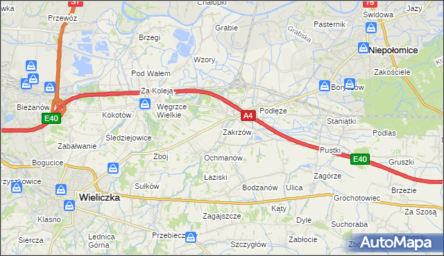 mapa Zakrzów gmina Niepołomice, Zakrzów gmina Niepołomice na mapie Targeo