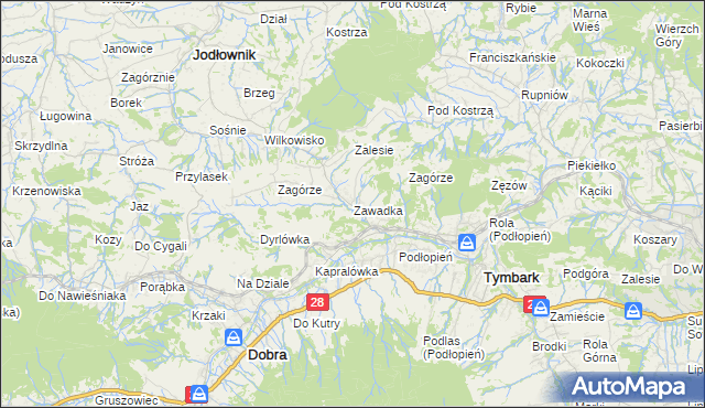 mapa Zawadka gmina Tymbark, Zawadka gmina Tymbark na mapie Targeo