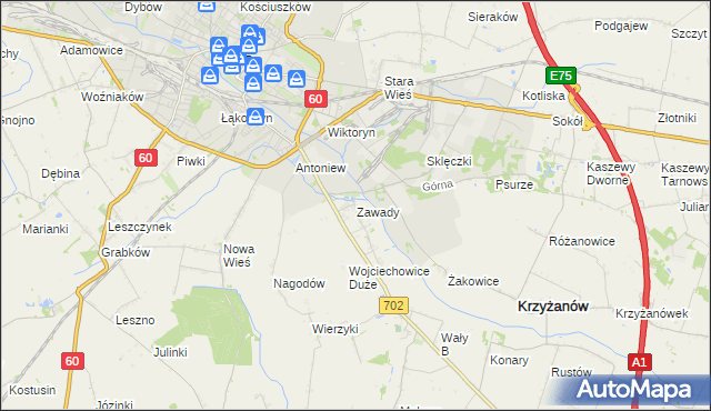 mapa Zawady gmina Krzyżanów, Zawady gmina Krzyżanów na mapie Targeo