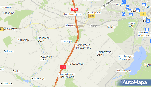 mapa Zemborzyce Tereszyńskie, Zemborzyce Tereszyńskie na mapie Targeo