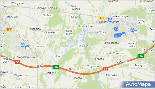mapa Zielęcice gmina Łask, Zielęcice gmina Łask na mapie Targeo