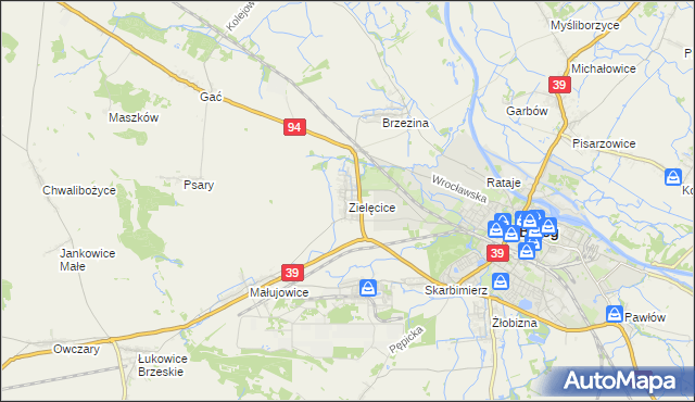 mapa Zielęcice gmina Skarbimierz, Zielęcice gmina Skarbimierz na mapie Targeo