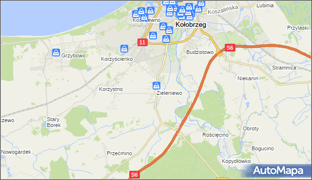 mapa Zieleniewo gmina Kołobrzeg, Zieleniewo gmina Kołobrzeg na mapie Targeo