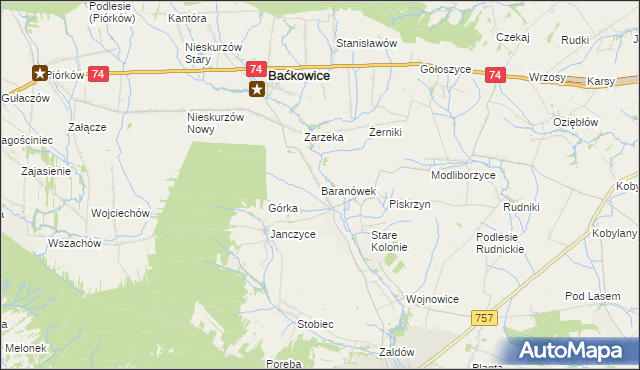 mapa Baranówek gmina Baćkowice, Baranówek gmina Baćkowice na mapie Targeo