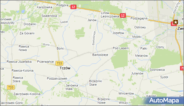 mapa Bartodzieje gmina Tczów, Bartodzieje gmina Tczów na mapie Targeo