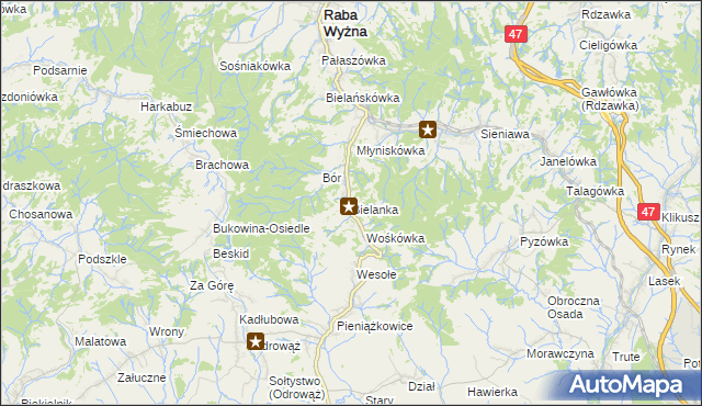 mapa Bielanka gmina Raba Wyżna, Bielanka gmina Raba Wyżna na mapie Targeo